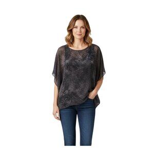 Eileen Fisher 100% Silk Scoop Neck Kimono Sleeve Lagonlook Gray Brown Top Size S